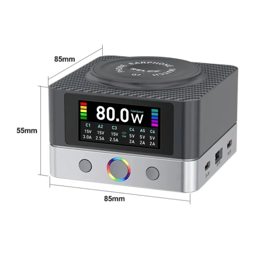 Asztali Töltő Relife Q7 QI, 80W, 3.25A, 2 x USB-A - 4 x USB-C, Szürke - 3