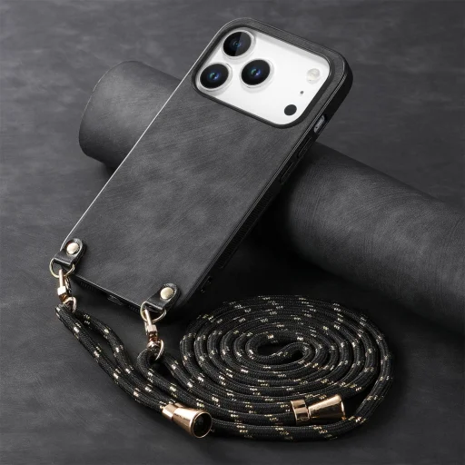 iPhone 17 Pro Max vintage bőrutánzatú, kemény hátlapos tok vállpánttal fekete Alphajack - 2