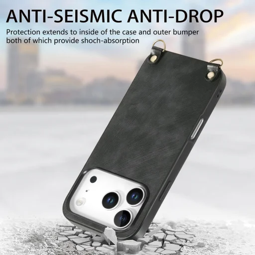 iPhone 17 Pro Max vintage bőrutánzatú, kemény hátlapos tok vállpánttal fekete Alphajack - 3