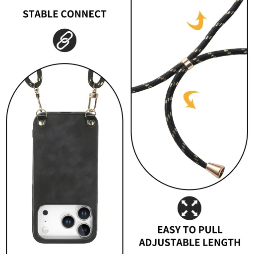 iPhone 17 Pro Max vintage bőrutánzatú, kemény hátlapos tok vállpánttal fekete Alphajack - 4