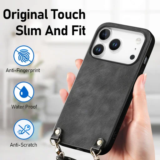 iPhone 17 Pro Max vintage bőrutánzatú, kemény hátlapos tok vállpánttal fekete Alphajack - 7