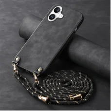 iPhone 17 vintage bőrutánzatú, kemény hátlapos tok vállpánttal fekete Alphajack