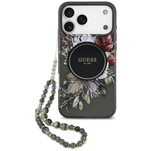 iPhone 17 Pro Max Guess IML Flowers Pearl Strap MagSafe fekete tok - 1