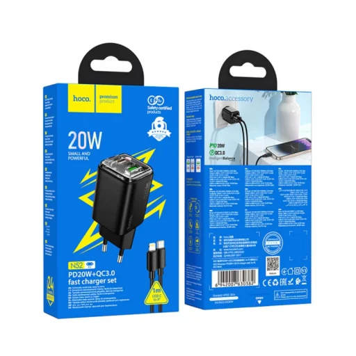 Hálózati töltő Hoco N52, 20W, 3A, 1 x USB-A - 1 x USB-C, Lightning kábel, fekete - 3