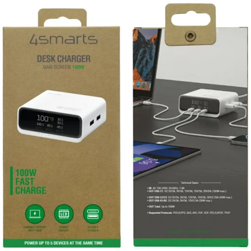 4smarts GaN képernyő 100W 3xUSB-C+2xUSB-A asztali töltő fehér - 4