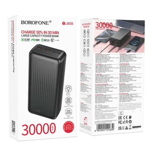 Borofone Power Bank 30000mAh BJ80B Clever - 2xUSB + Type C - QC 3.0 22,5W PD 20W fekete - 5