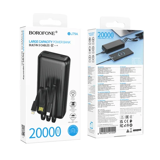 Borofone Power Bank 20000mAh BJ79A Clever - USB - Type C és Lightning kábelekkel fekete - 5