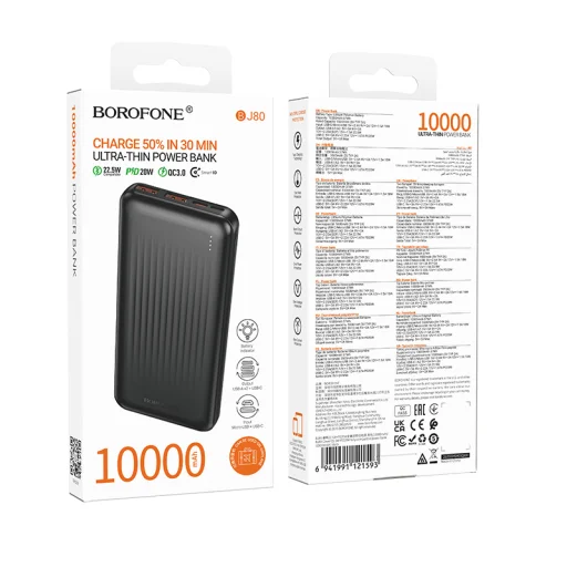 Borofone Power Bank 10000mAh BJ80 Clever - 2xUSB + Type C - QC 3.0 22,5W PD 20W fekete, - 5