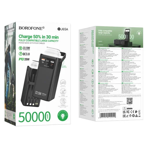 Borofone Power Bank 50000mAh BJ65A High - 2xUSB + Type C - QC 3.0 22,5W + PD 20W with USB, Type C, Lightning and micro USB black - 9