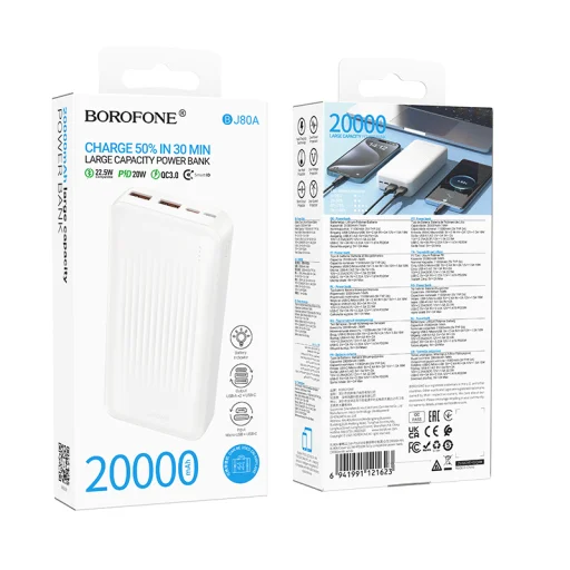 Borofone Power Bank 20000mAh BJ80A Clever - 2xUSB + Type C - QC 3.0 22,5W + PD 20W fehér - 4