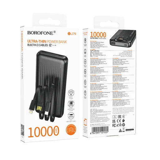 Borofone Power Bank 10000mAh BJ79 Clever - USB - Type C és Lightning kábelekkel fekete - 6