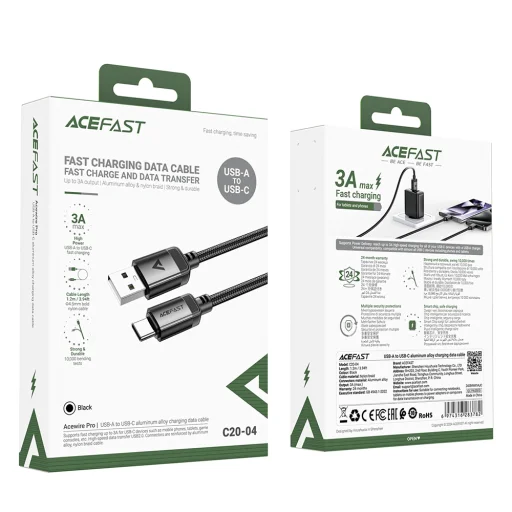 Acefast USB Type-C Adatkábel C20-04, 3A, Gyors Töltés, Hajlításálló, Nylon Fonat, 1,2m - Fekete - 7