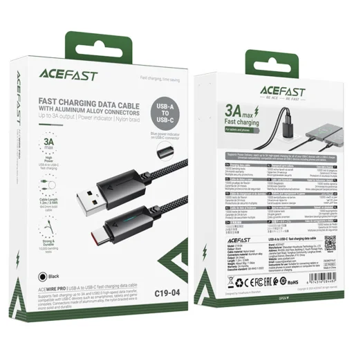 Acefast USB Type-C adatkábel (C19-04), gyors töltés, 3A, hajlítás-álló, nejlonszövés, 1,2 m - fekete - 6