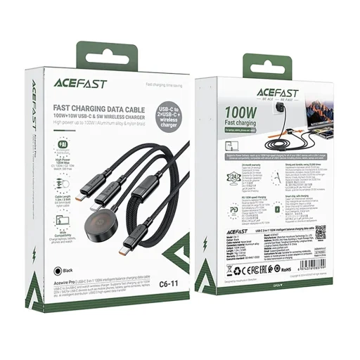  Acefast - Adatkábel (C6-11) - Gyors töltés, 2x Type-C, Vezeték nélküli töltő USB-C-hez, 3 az 1-ben, 100W, 5A, 5W, 480Mb/s, 1.2m - Fekete - 5