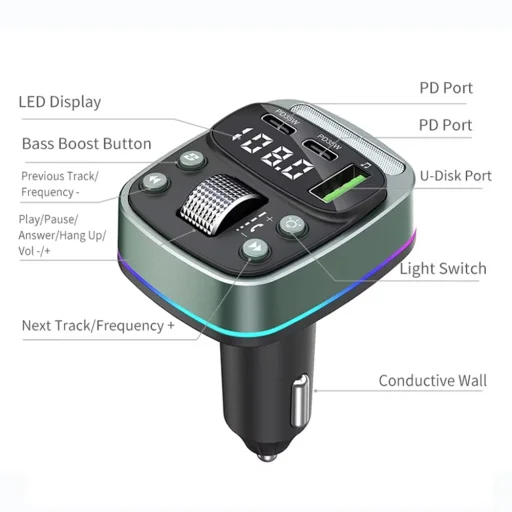 FM Transmitter Techsuit EchoDrive (MFM3) - Dual PD35W, Bluetooth V5.4, U-Disk zenéléshez, Basszusbeállítás - Fekete - 5
