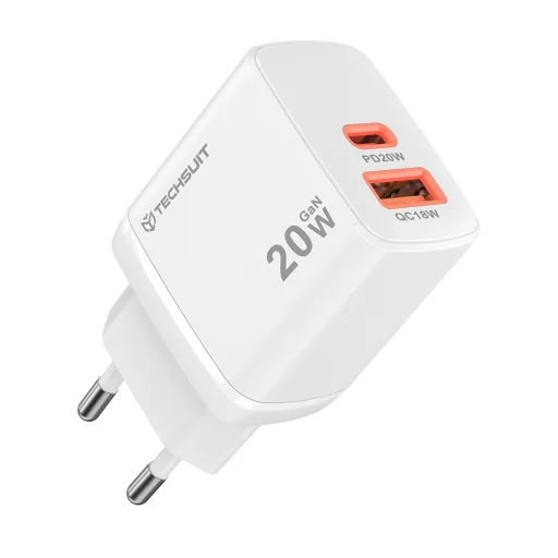 Techsuit - Duonix20W (CH2) Fali töltő - Type-C, USB, Kettős Utazó Töltő 20W - Fehér - 1