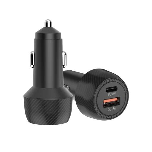 Car Charger Techsuit CarbonVolt (C7) – Gyors töltés 48W, USB, Type-C, QC3.0 18W, PD30W – Fekete - 1