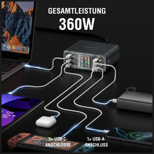 Töltőállomás 4smarts Asztali Töltő Lucid GaN DIY 360W 5xUSB-C 1xUSB-A szürke - 4