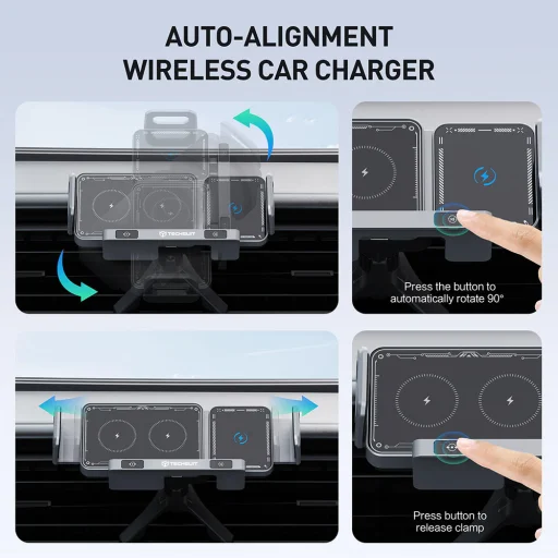 Car Holder Techsuit ModoDock (SW1) vezeték nélküli töltéssel - 360°-os forgás, Kettős motor intelligens érzékelés, 15W - Fekete - 3