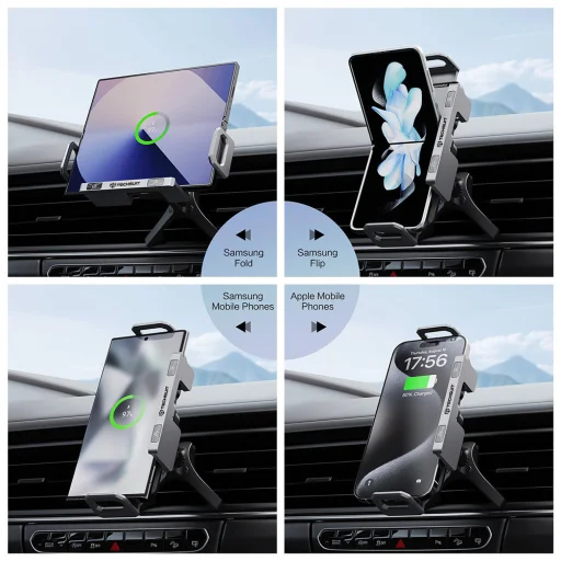 Car Holder Techsuit ModoDock (SW1) vezeték nélküli töltéssel - 360°-os forgás, Kettős motor intelligens érzékelés, 15W - Fekete - 5