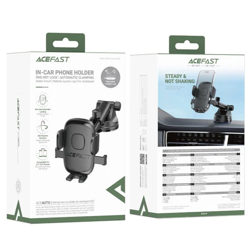  Autótartó Acefast D57 műszerfalra / szélvédőre, 4.7" - 6.9" telefonokhoz, egygombos zár, automatikus befogás - Fekete - 6