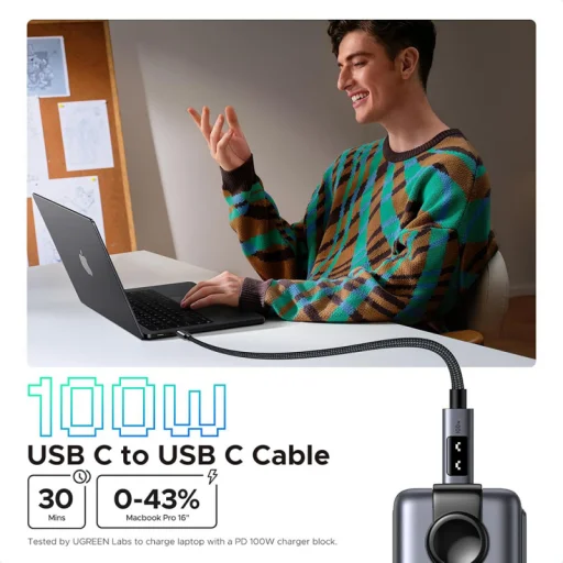 USB-C to USB-C kábel UGREEN L509, 100W, 5A, 1m, Szürke - 7