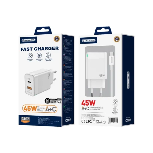 JELLICO fali töltő C107 GaN PD 45W 1xUSB-C + 1xUSB QC3.0 + kábel USB-C - USB-C Fehér - 1