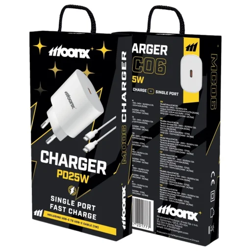 MOONX fali töltő MC06 PD 25W 1xUSB-C + kábel USB-C - USB-C Fehér - 1