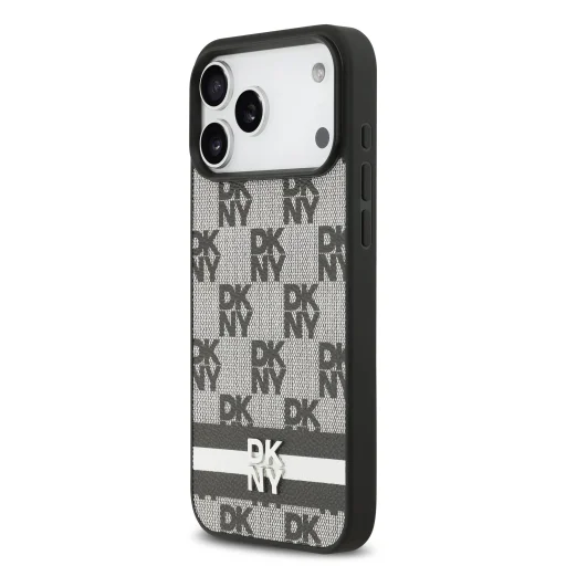 DKNY PU bőr kockás minta és csíkos tok iPhone 17 Pro Max fekete tok - 2
