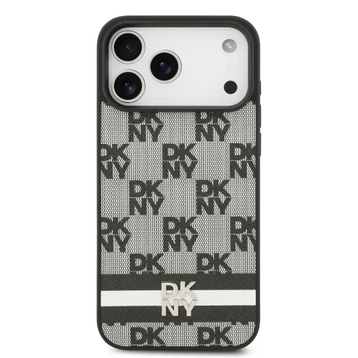 DKNY PU bőr kockás minta és csíkos tok iPhone 17 Pro Max fekete tok - 3