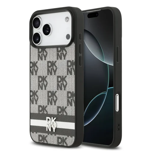 DKNY PU bőr kockás minta és csíkos tok iPhone 17 Pro Max fekete tok - 1