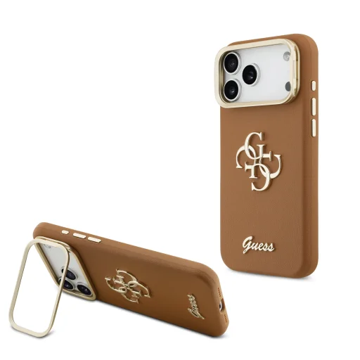Guess PU Grained 4G Logo Állvány Kamera Keret fliptok iPhone 17 Pro Max Barna - 1