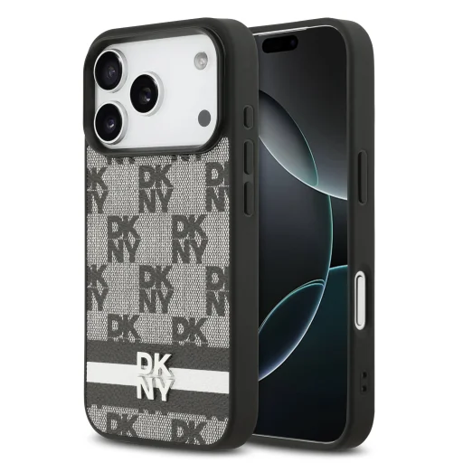 DKNY PU Bőr Kockás Mintás és Csíkos Tok iPhone 17 Pro Fekete tok - 1