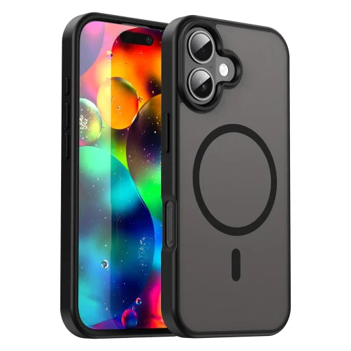 iPhone 17 Fanying Series áttetsző fekete MagSafe hibrid (TPU + PC) matt tok Alphajack - 1