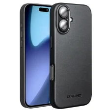 iPhone 17 fekete bőrtok MagSafe kompatibilitással Alphajack QTech Series kameralencse védővel