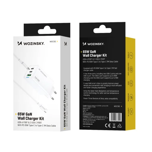 Wozinsky GaN 65W Töltő 2xUSB-C USB Porttal és 65W CC Kábellel - Fehér - 5