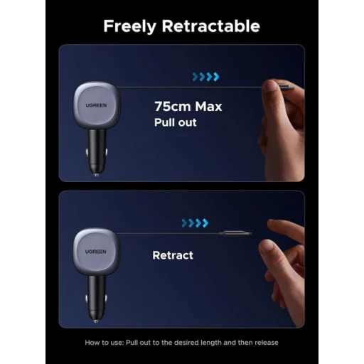 UGREEN EC601 autós töltő, 75W, 3.25A, 1 x USB-A - 1 x USB-C, USB-C kábel, Szürke - 2