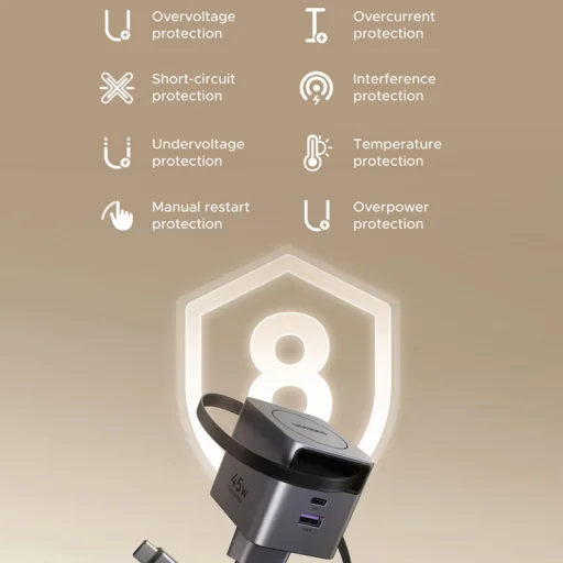 Fali töltő UGREEN X614, 45W, 3A, 1 x USB-A - 1 x USB-C, USB-C kábellel, Szürke - 3