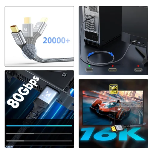 Wozinsky WPS-16AYL2S DisplayPort 2.1 kábel VESA tanúsítvánnyal 80 Gb/s 16K@60Hz 8K@120Hz 4K@240Hz HDR HDCP DSC 2m - Fekete - 3