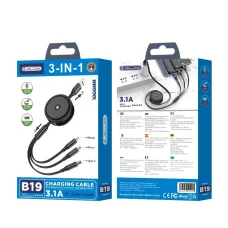 JELLICO B19 3 az 1-ben kábel 3.1A 1.2M Fekete