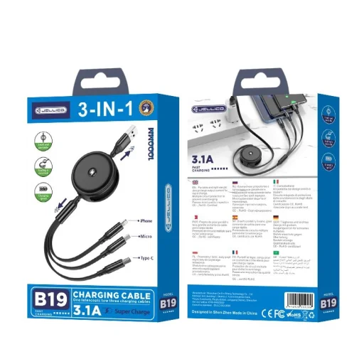 JELLICO B19 3 az 1-ben kábel 3.1A 1.2M Fekete - 1