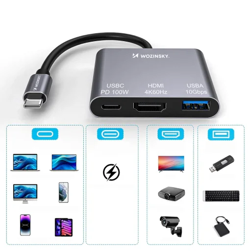 Hub Wozinsky WHCH-01 USB-C PD 100W HDMI 4K@30Hz USB-A 10Gbps - szürke - 5
