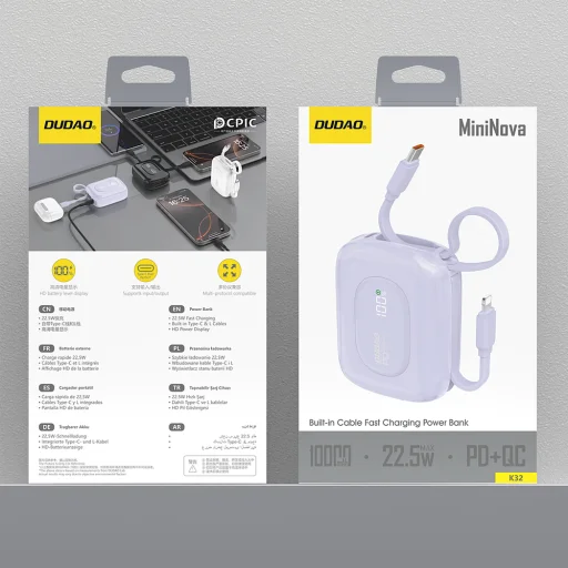 Powerbank Dudao K32 10000 mAh beépített USB-C/Lightning kábellel - lila - 3