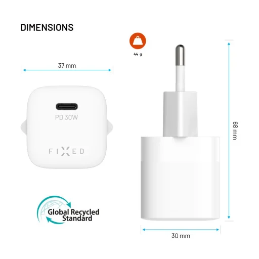 Fixed Wall Charger Mini (FIXCG30M-CC-WH) GaN Type-C PD 3.0 30W Kompakt Kivitel, Type-C Kábellel, 1m Fehér - 17