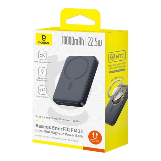  Baseus EnerFill FM11 Ultra-Mini 10000mAh 22.5W MagSafe Kompatibilis Power Bank Baseus Simple USB-C 20V/3A 30 cm Kábellel - Fekete - 6