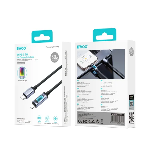 Lightning BWOO X324CL fonott gyors töltőkábel fénykijelzővel PD 27W USB-C - fekete - 4