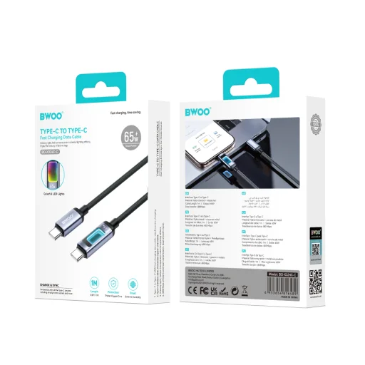 BWOO X324CC fonott gyors töltőkábel fénykijelzővel PD 60W USB-C - USB-C - 4
