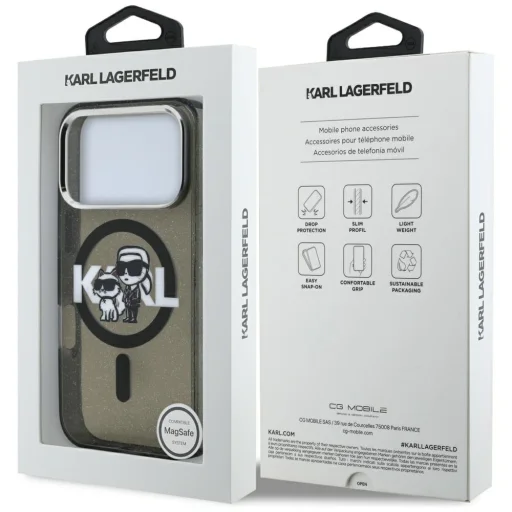 iPhone 17 Pro Karl Lagerfeld - IML Glitter Karl & Choupette Sketch Logo MagSafe (KLHMP17LHGKCGKBK) - Fekete tok - 7