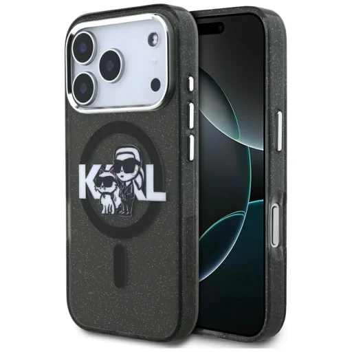 iPhone 17 Pro Karl Lagerfeld - IML Glitter Karl & Choupette Sketch Logo MagSafe (KLHMP17LHGKCGKBK) - Fekete tok - 1