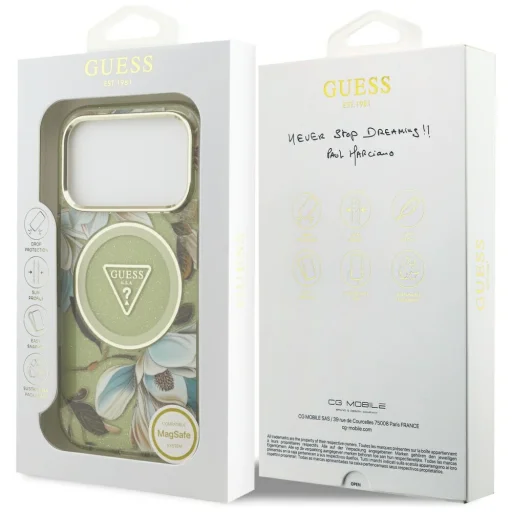 iPhone 17 Pro Guess - IML Metal Glitter Flowers Triangle MagSafe (GUHMP17LHFLPEDN) - Zöld tok - 7